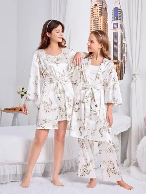 SHEIN Teen Girl Floral Print Silk Robe & Strappy Dress Elegant Wedding Home Pajamas Set Two-Piece Sibling Outfits Matching Outfits (2 Sets Are Sold Separately)