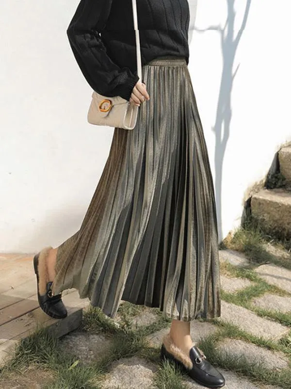 Solid Color High-Waist Pleated A-Line Skirt