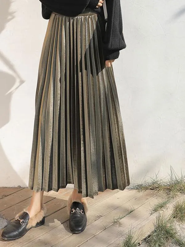 Solid Color High-Waist Pleated A-Line Skirt