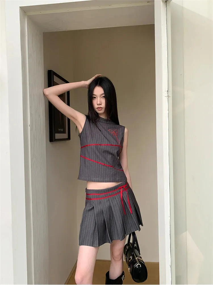 Summer Women Vintage Old Money 2000s Aesthetic Outfits 2 Piece Set Striped Tank Tops   A-line Mini Pleated Skirts Korean Fashion