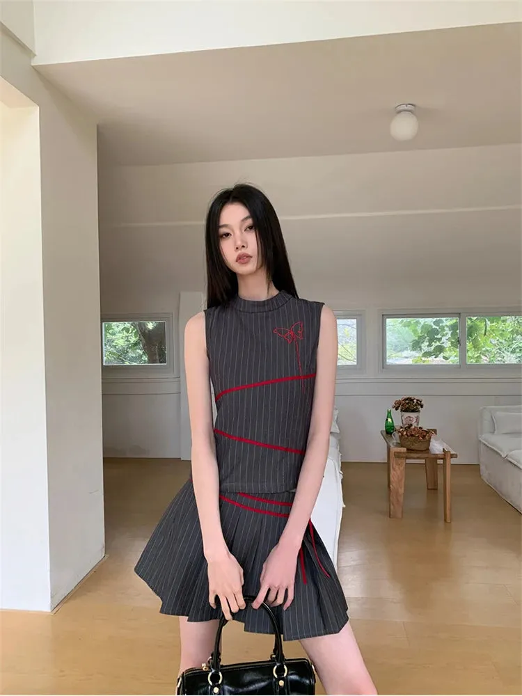 Summer Women Vintage Old Money 2000s Aesthetic Outfits 2 Piece Set Striped Tank Tops   A-line Mini Pleated Skirts Korean Fashion