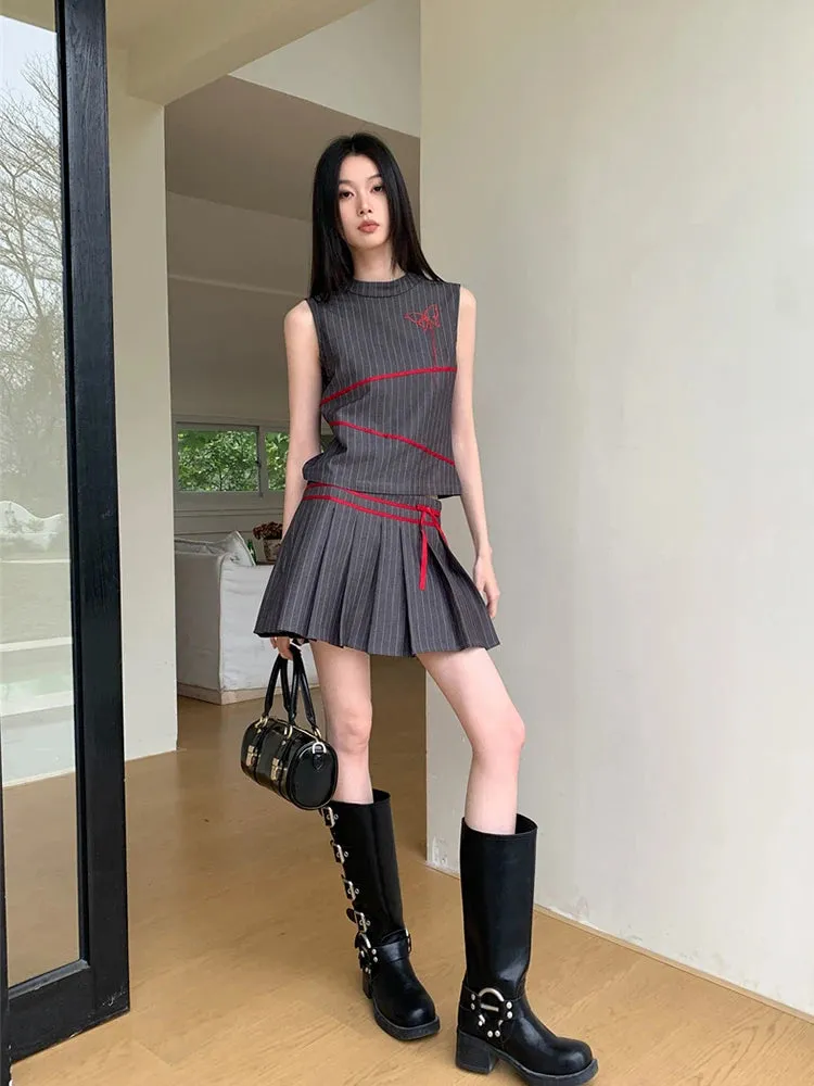 Summer Women Vintage Old Money 2000s Aesthetic Outfits 2 Piece Set Striped Tank Tops   A-line Mini Pleated Skirts Korean Fashion