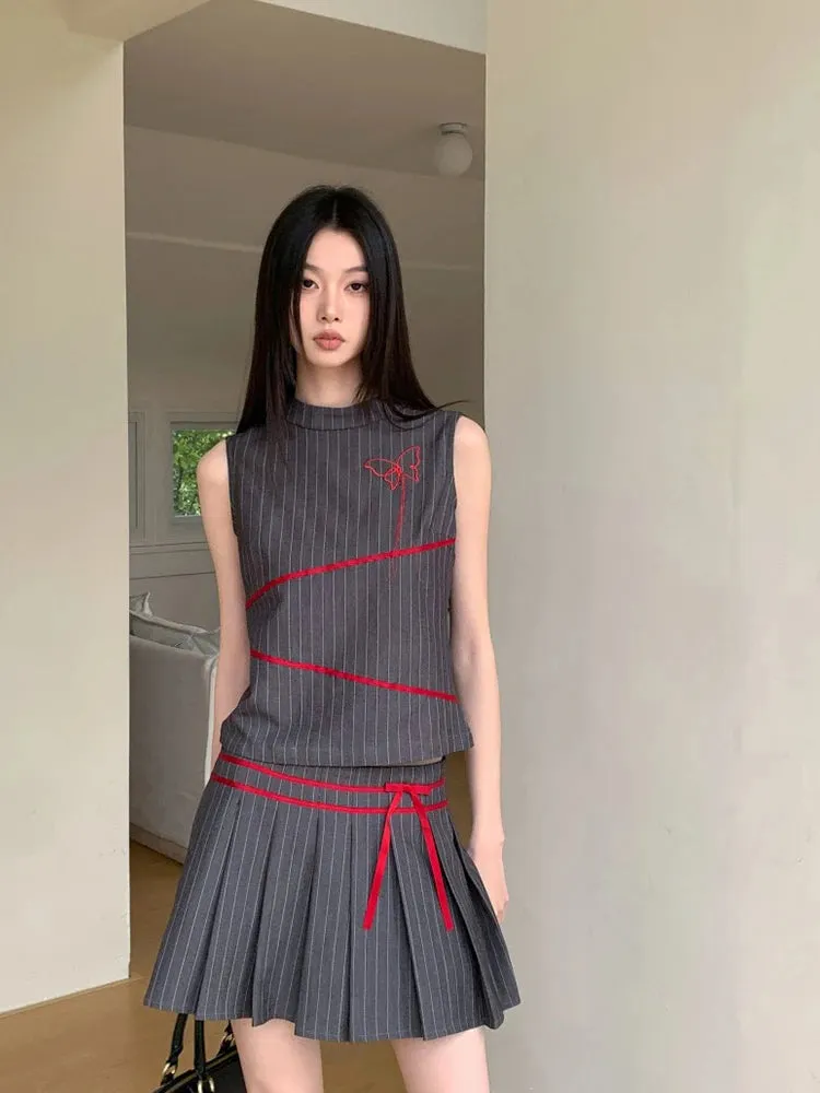 Summer Women Vintage Old Money 2000s Aesthetic Outfits 2 Piece Set Striped Tank Tops   A-line Mini Pleated Skirts Korean Fashion