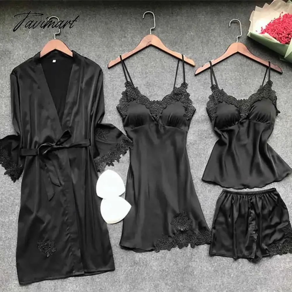 Tavimart Sexy Women Robe & Gown Sets Lace Bathrobe   Night Dress 4 Four Pieces Sleepwear Womens Sleep Set Faux Silk Robe Femme Lingerie