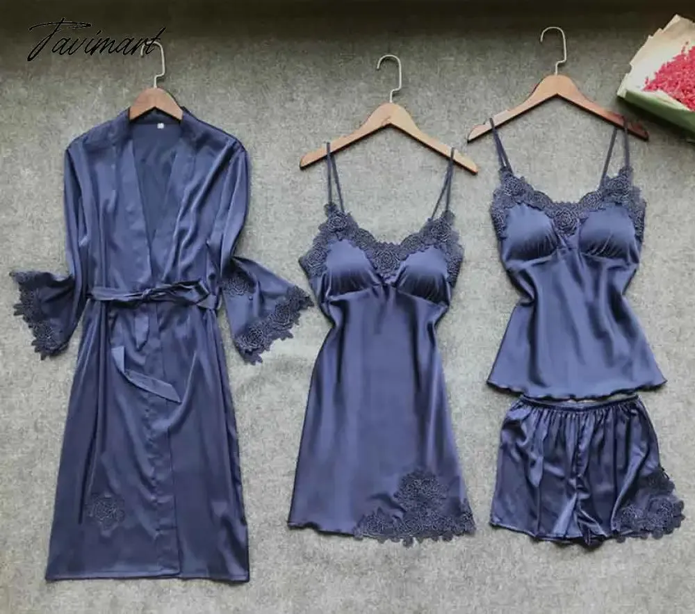 Tavimart Sexy Women Robe & Gown Sets Lace Bathrobe   Night Dress 4 Four Pieces Sleepwear Womens Sleep Set Faux Silk Robe Femme Lingerie