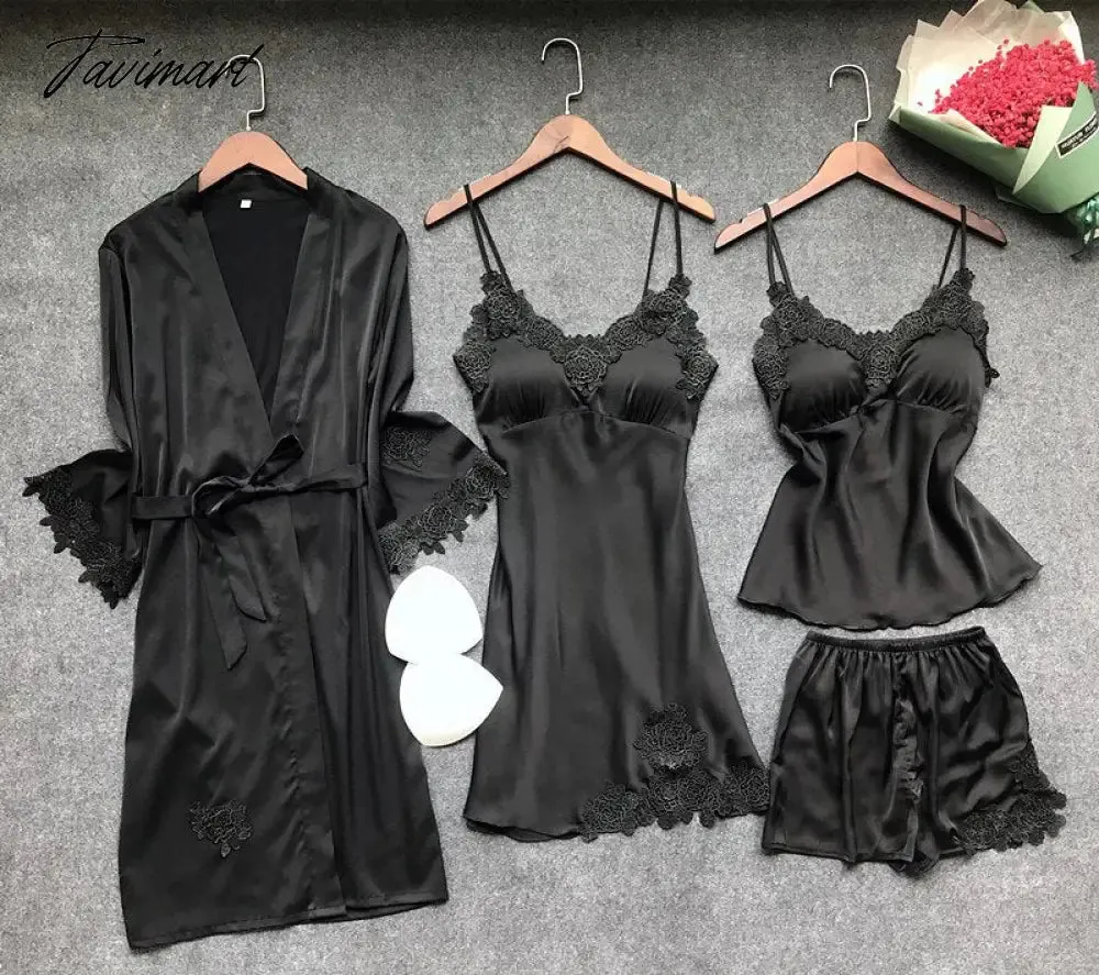 Tavimart Sexy Women Robe & Gown Sets Lace Bathrobe   Night Dress 4 Four Pieces Sleepwear Womens Sleep Set Faux Silk Robe Femme Lingerie