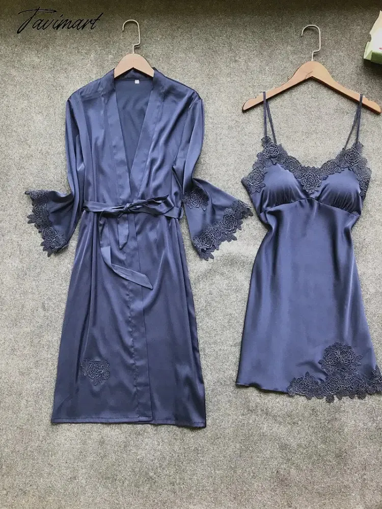 Tavimart Sexy Women Robe & Gown Sets Lace Bathrobe   Night Dress 4 Four Pieces Sleepwear Womens Sleep Set Faux Silk Robe Femme Lingerie