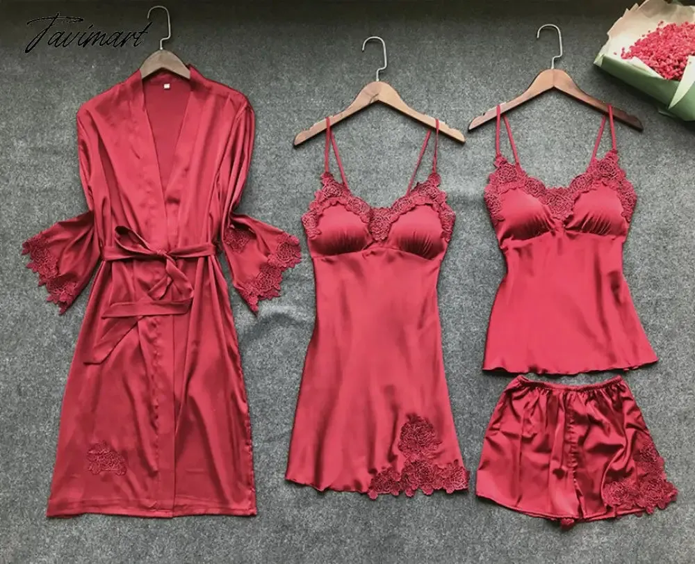 Tavimart Sexy Women Robe & Gown Sets Lace Bathrobe   Night Dress 4 Four Pieces Sleepwear Womens Sleep Set Faux Silk Robe Femme Lingerie