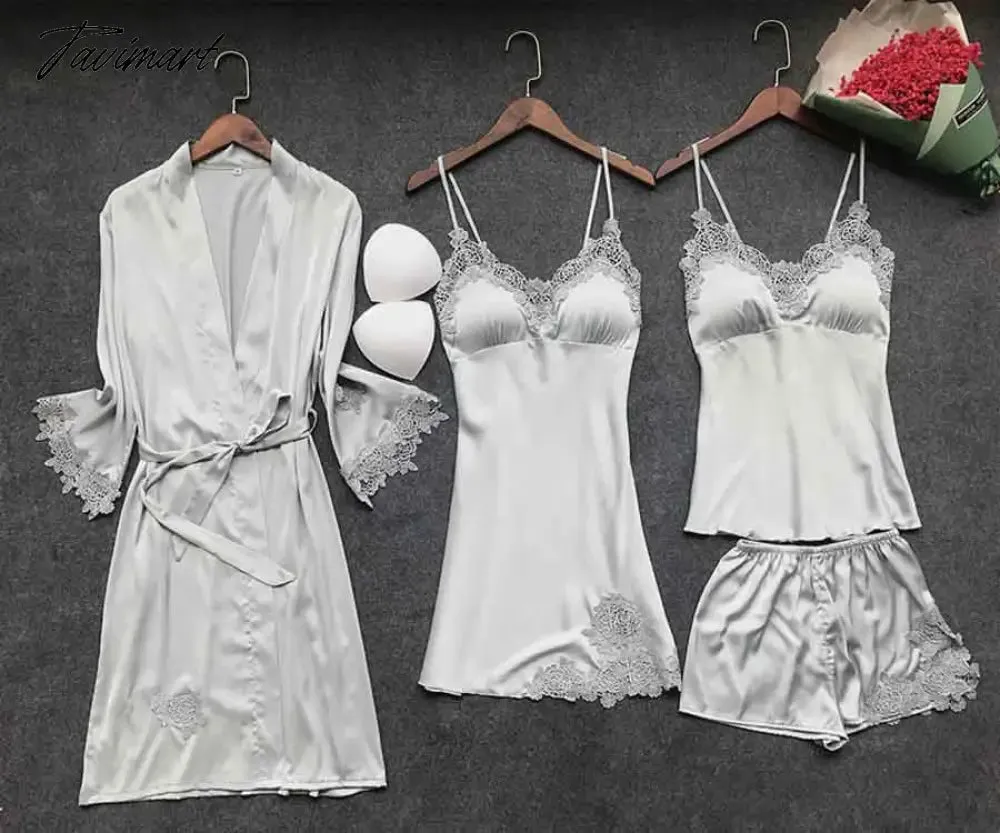 Tavimart Sexy Women Robe & Gown Sets Lace Bathrobe   Night Dress 4 Four Pieces Sleepwear Womens Sleep Set Faux Silk Robe Femme Lingerie