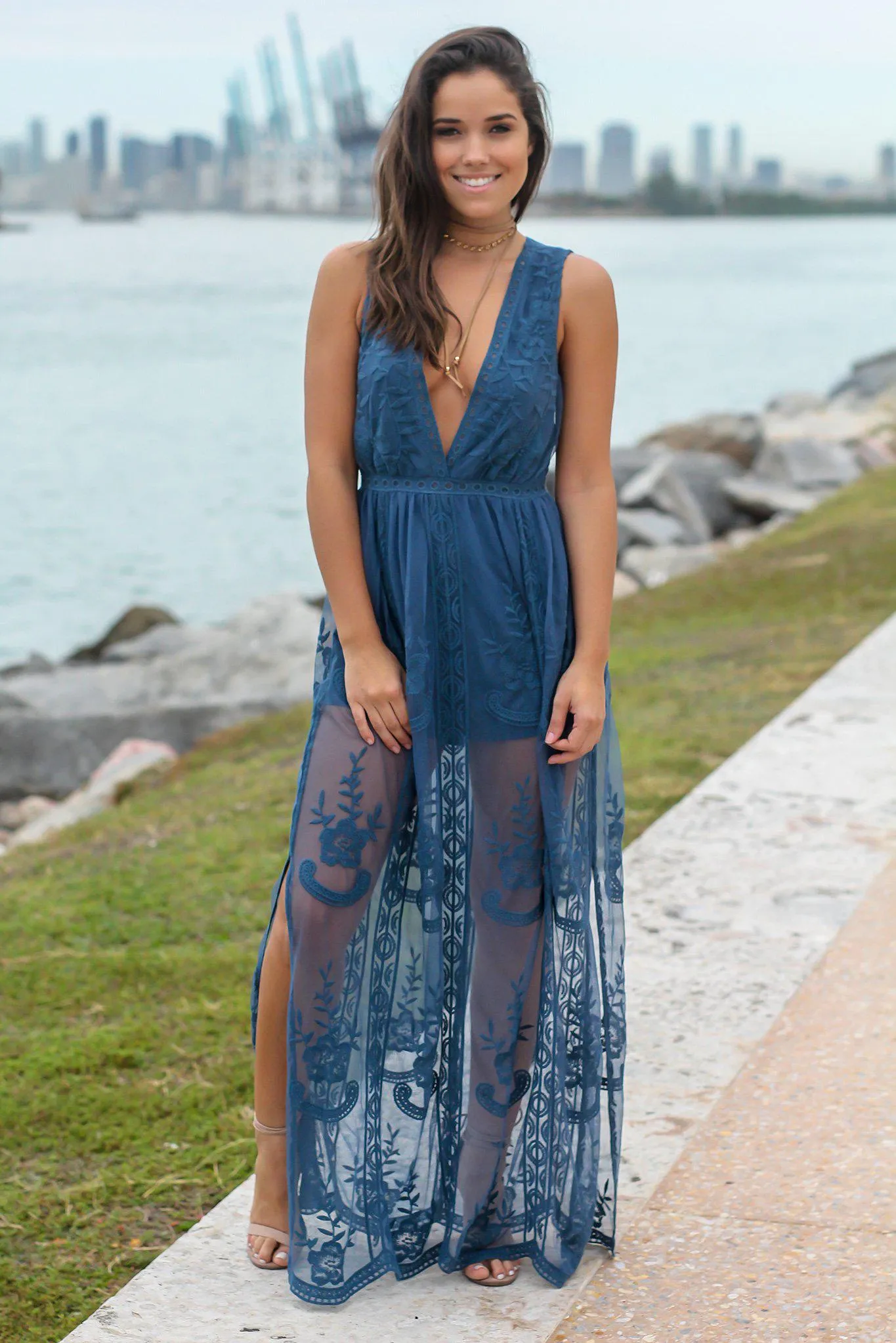 Teal Lace Sleeveless Maxi Romper