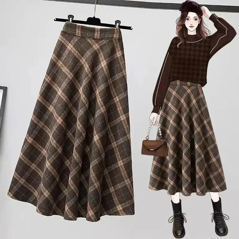 Toleet-Autumn Winter Woolen Skirt Women 2023 Korean Style Thick High Waist Long Skirt Woman A Line Pleated Plaid Skirt Female