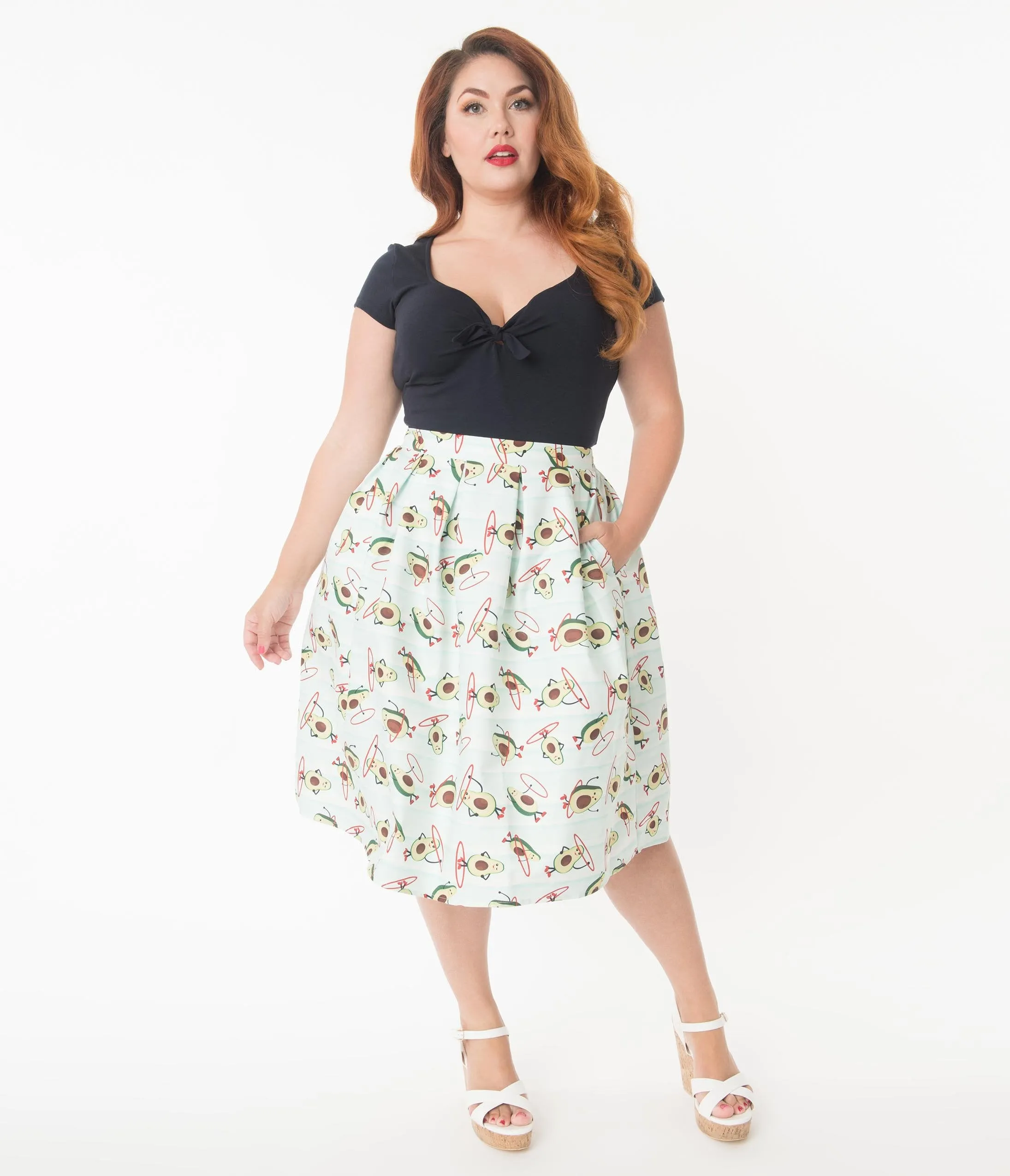 Unique Vintage Plus Size Mint Avocado Print Jayne Swing Skirt