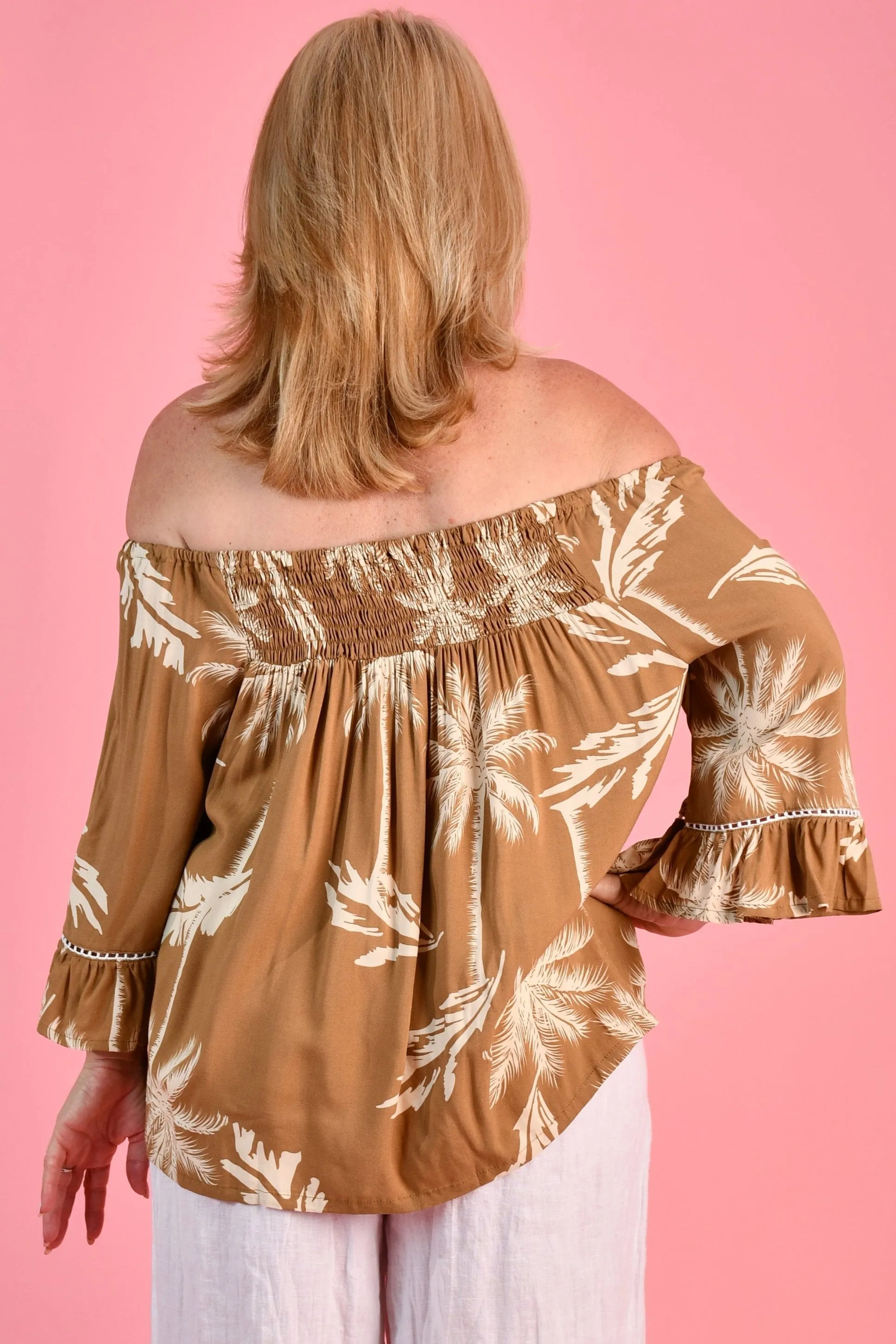 VBLT113 - ROUCHED BELL SLEEVE TOP - ISLAND PALM LATTE