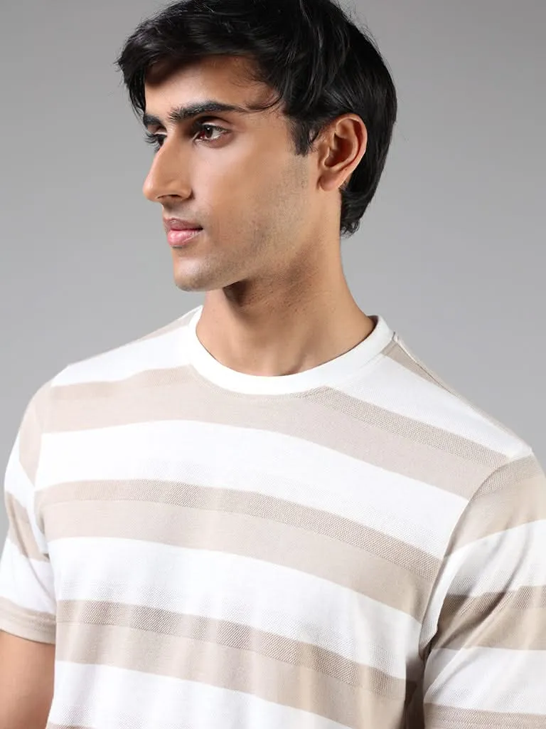 WES Casuals Beige & White Striped Relaxed-Fit T-Shirt