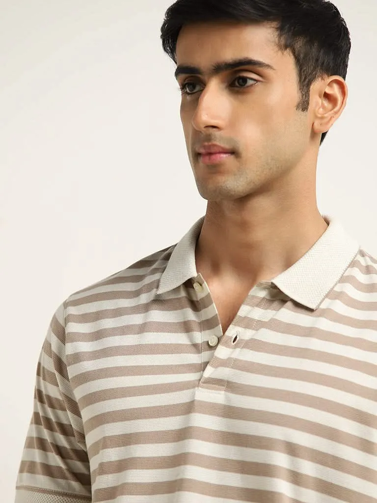 WES Casuals Beige Striped Relaxed-Fit Polo T-Shirt