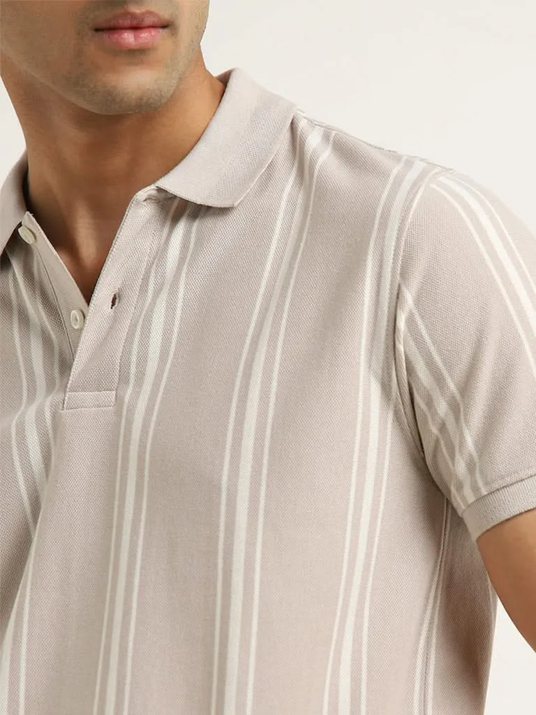 WES Casuals Beige Striped Slim-Fit Polo T-Shirt