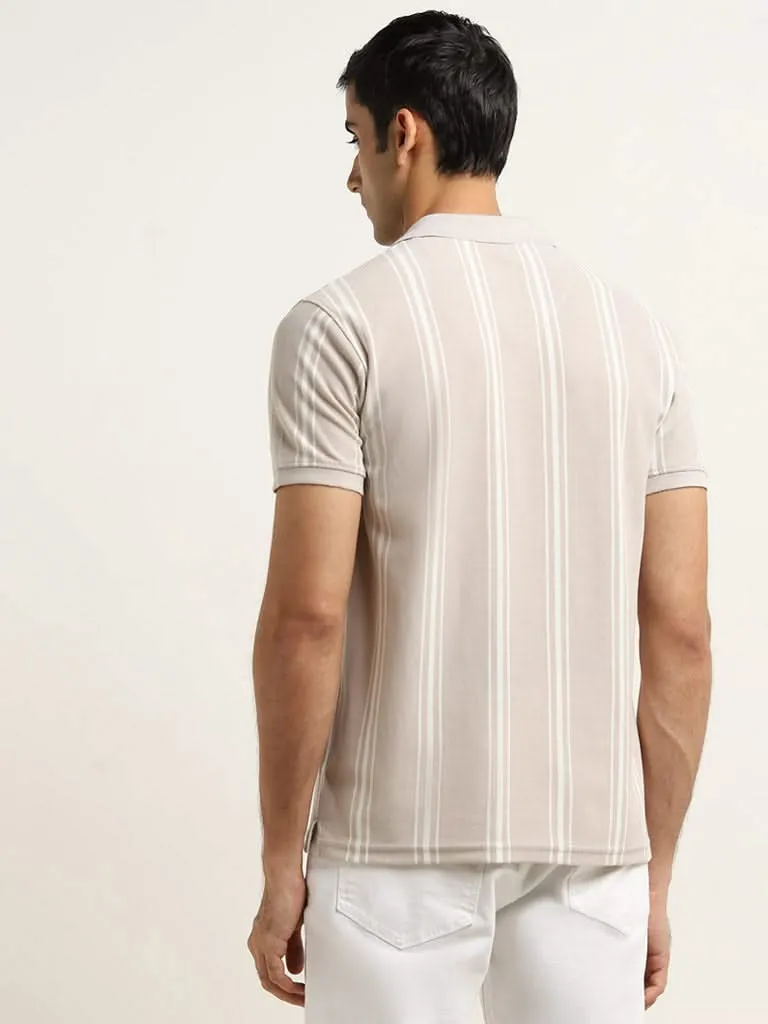 WES Casuals Beige Striped Slim-Fit Polo T-Shirt