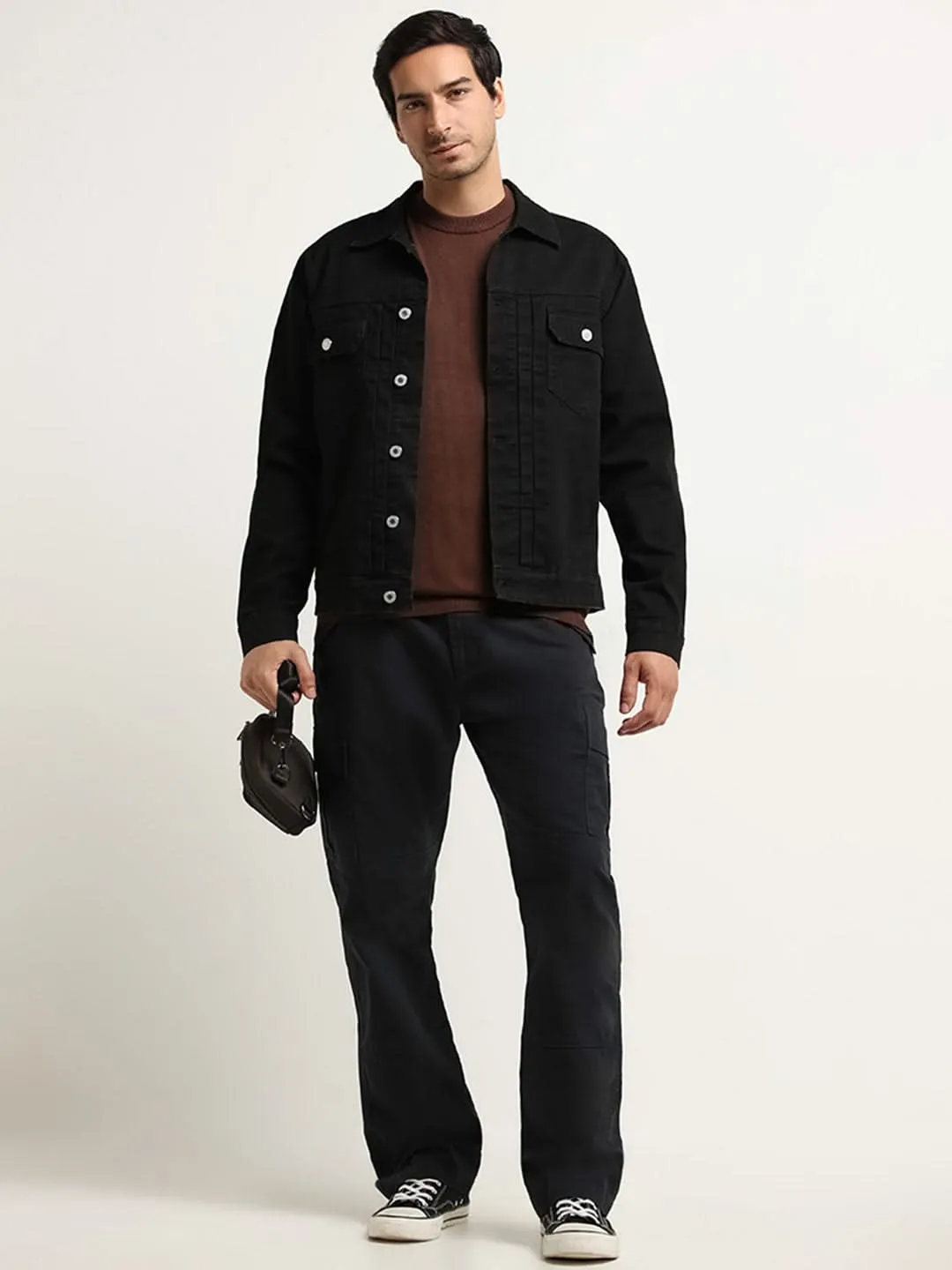 WES Casuals Black Relaxed Fit Mid Rise Cargo Blended Linen Pants