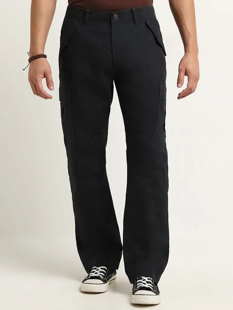 WES Casuals Black Relaxed Fit Mid Rise Cargo Blended Linen Pants