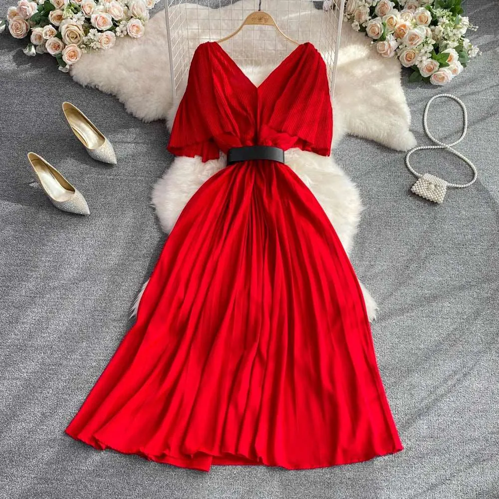 Women's Elegant V-neck Pleated A-line Swing Dress