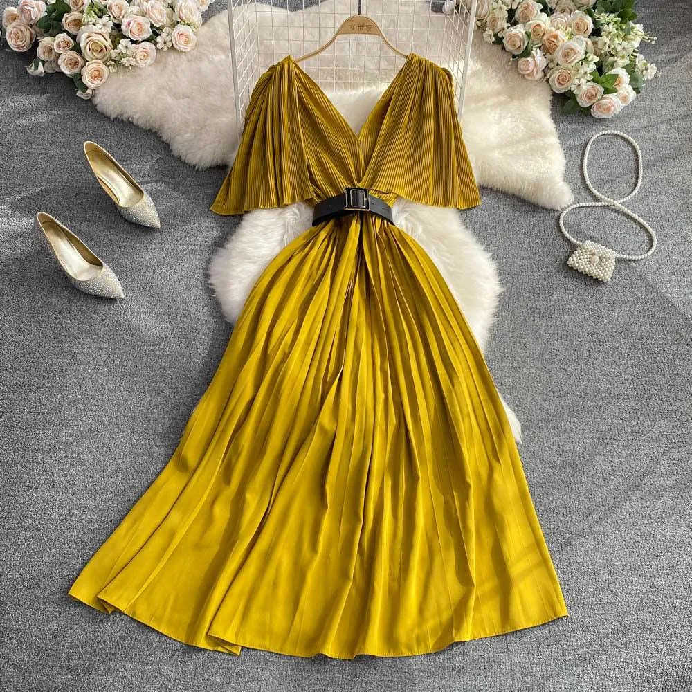 Women's Elegant V-neck Pleated A-line Swing Dress