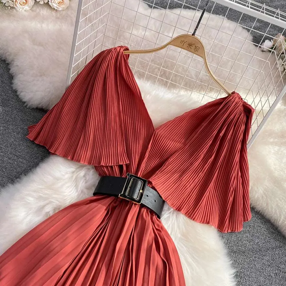 Women's Elegant V-neck Pleated A-line Swing Dress