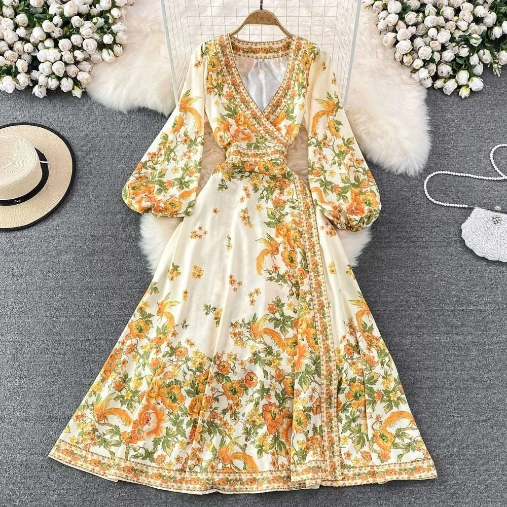 Women's Retro Pleated Puff Sleeve A-line High Waist Dress with Floral Print