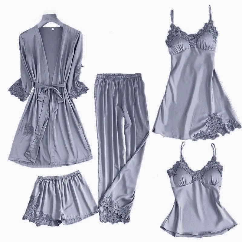 Women's Silk Satin Pajama Set Cami Top Nightgown Lace Night Robe Sexy Sleepwear Robe Sets Nightdresstin Lace 5pcs Pajamas Set