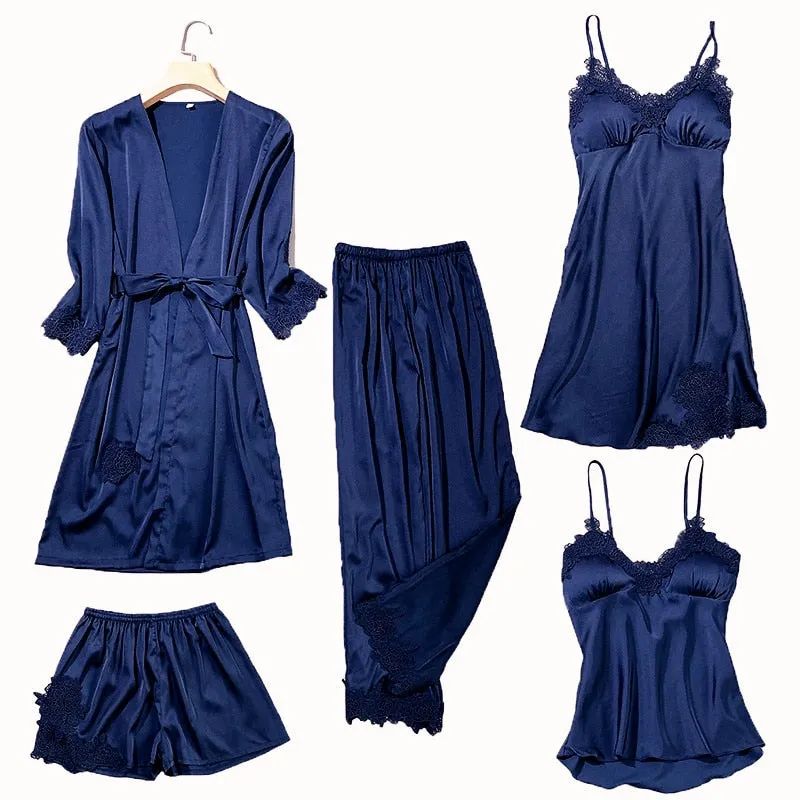 Women's Silk Satin Pajama Set Cami Top Nightgown Lace Night Robe Sexy Sleepwear Robe Sets Nightdresstin Lace 5pcs Pajamas Set