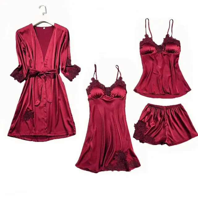 Women's Silk Satin Pajama Set Cami Top Nightgown Lace Night Robe Sexy Sleepwear Robe Sets Nightdresstin Lace 5pcs Pajamas Set