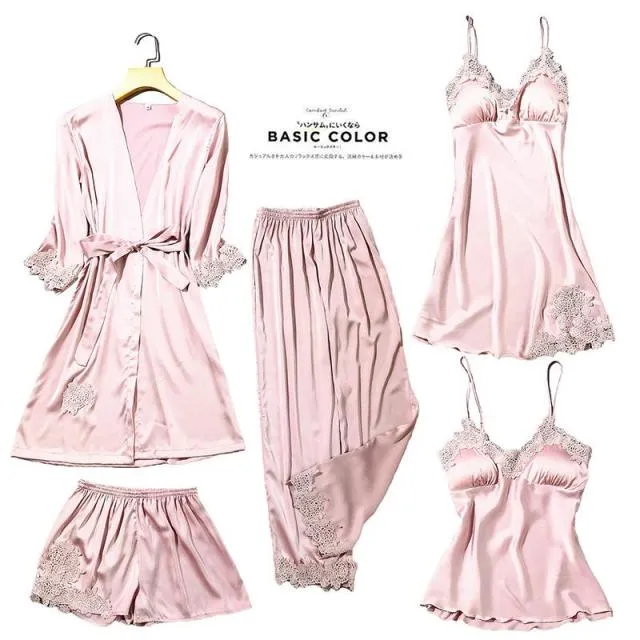 Women's Silk Satin Pajama Set Cami Top Nightgown Lace Night Robe Sexy Sleepwear Robe Sets Nightdresstin Lace 5pcs Pajamas Set