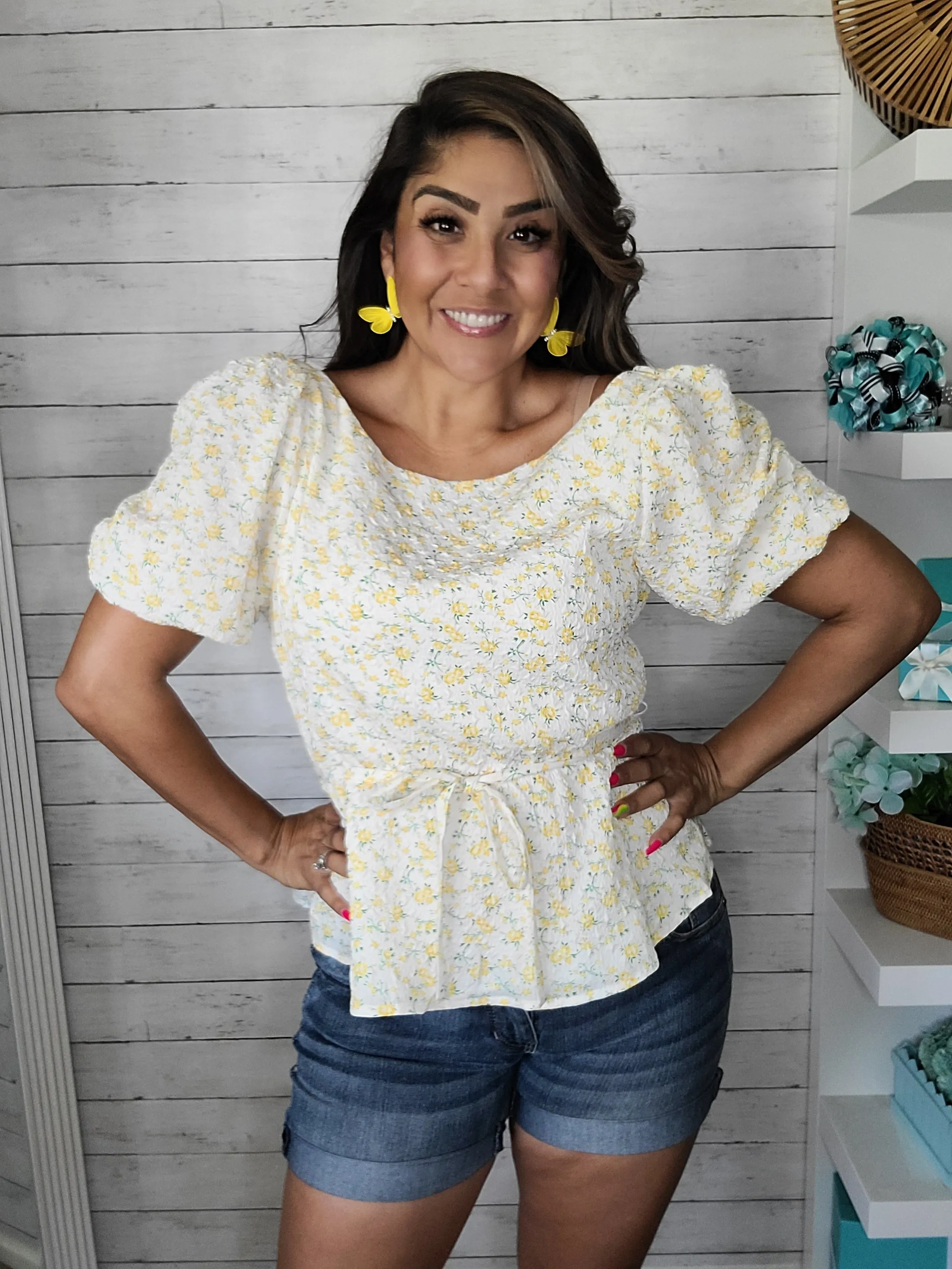 Yellow Floral-Print Tie-Back Peplum Top