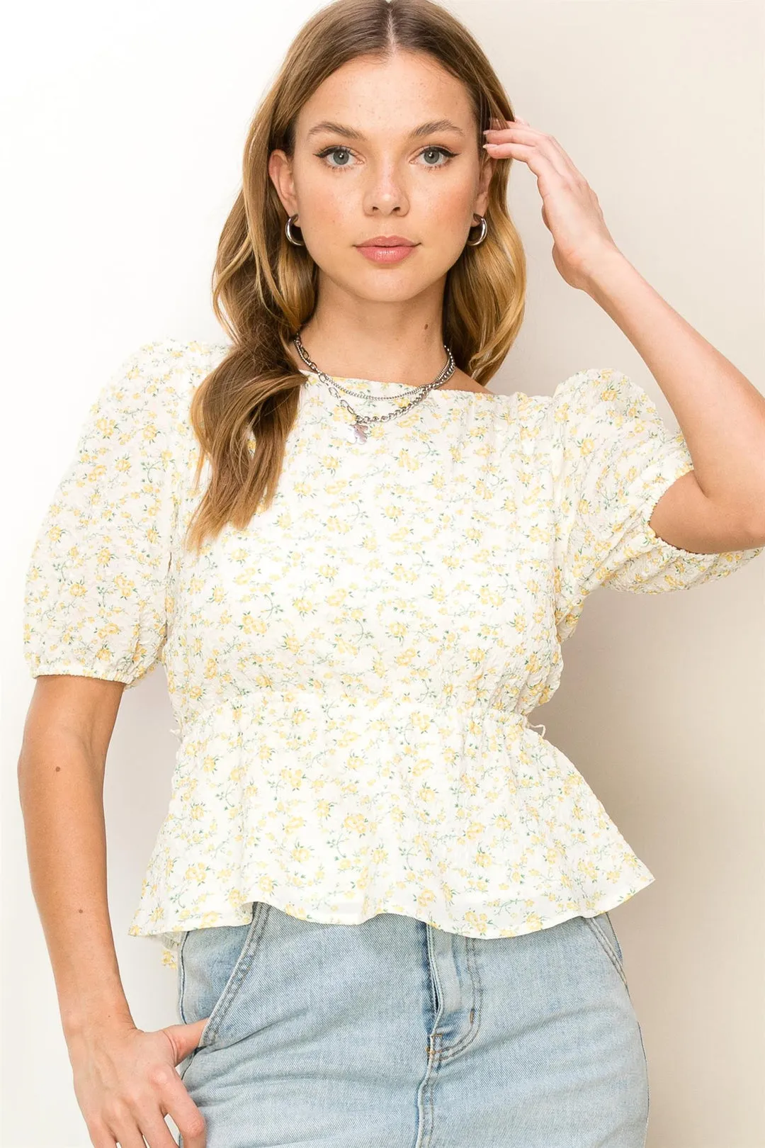 Yellow Floral-Print Tie-Back Peplum Top