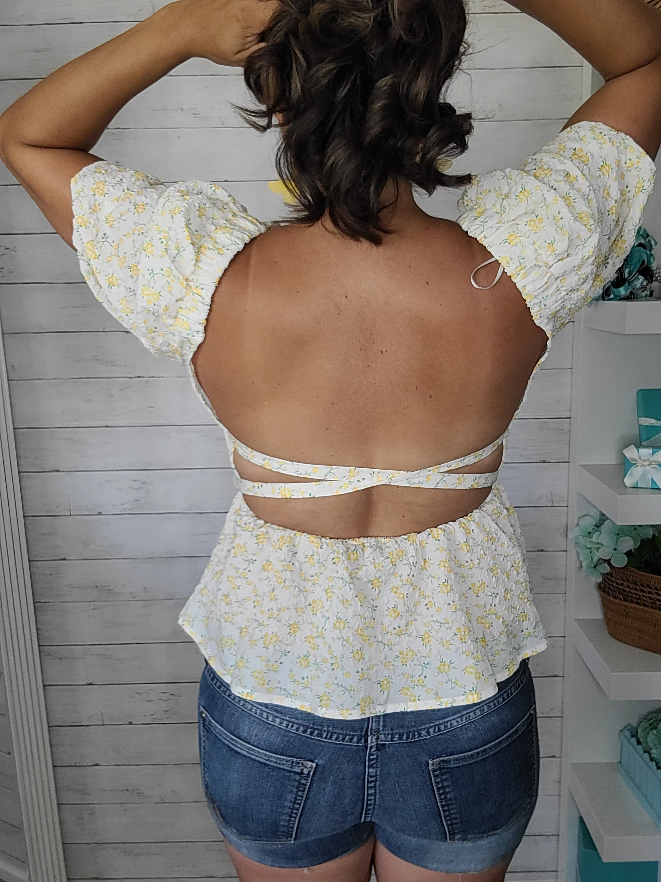 Yellow Floral-Print Tie-Back Peplum Top