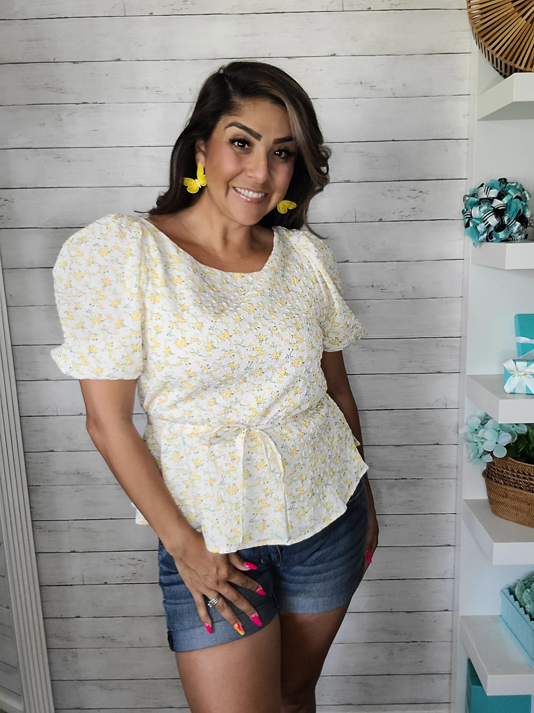 Yellow Floral-Print Tie-Back Peplum Top