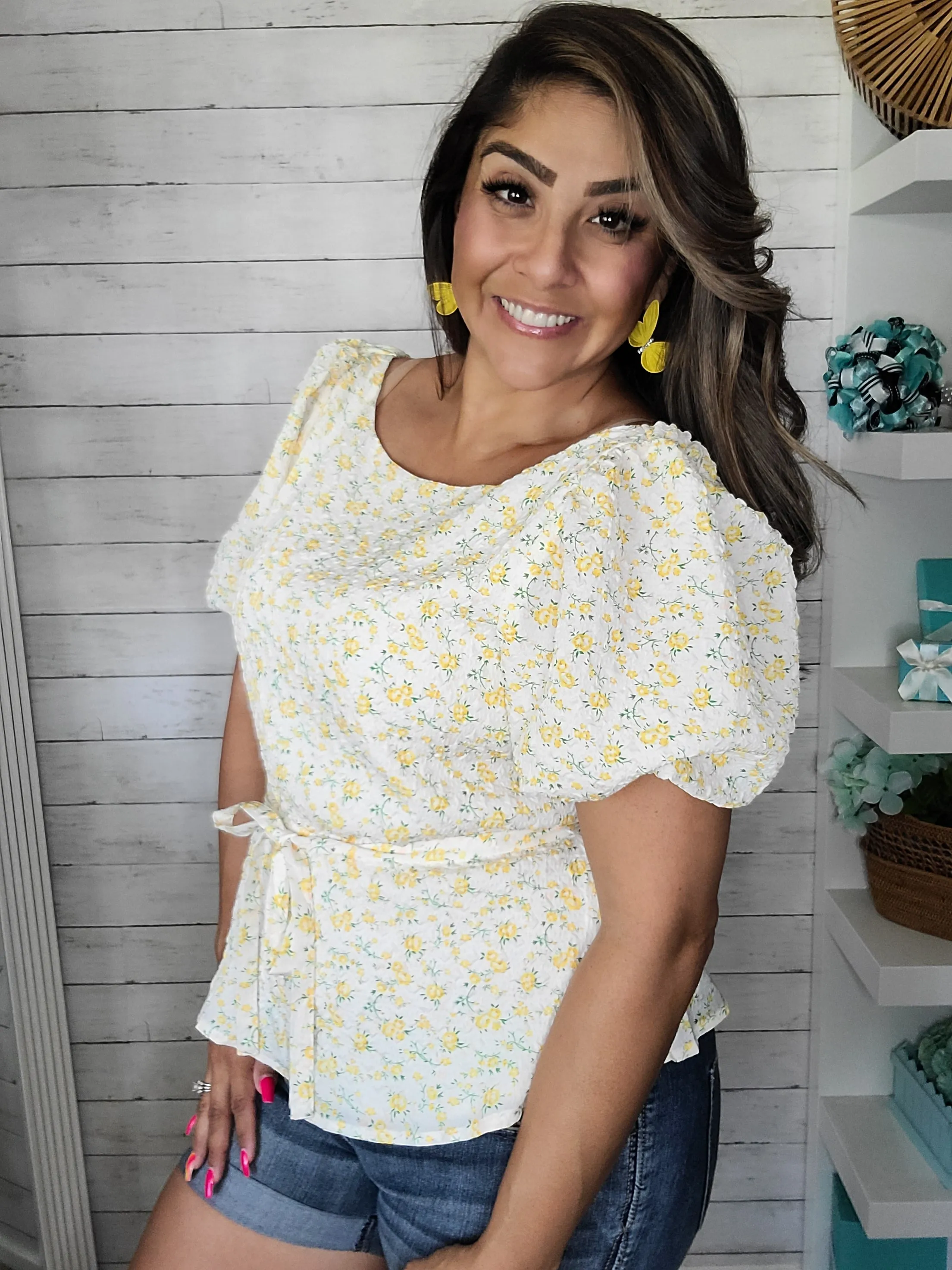 Yellow Floral-Print Tie-Back Peplum Top