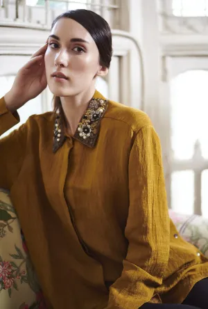 Yellow Relaxed Fit full sleeves Collar Embroidered Top